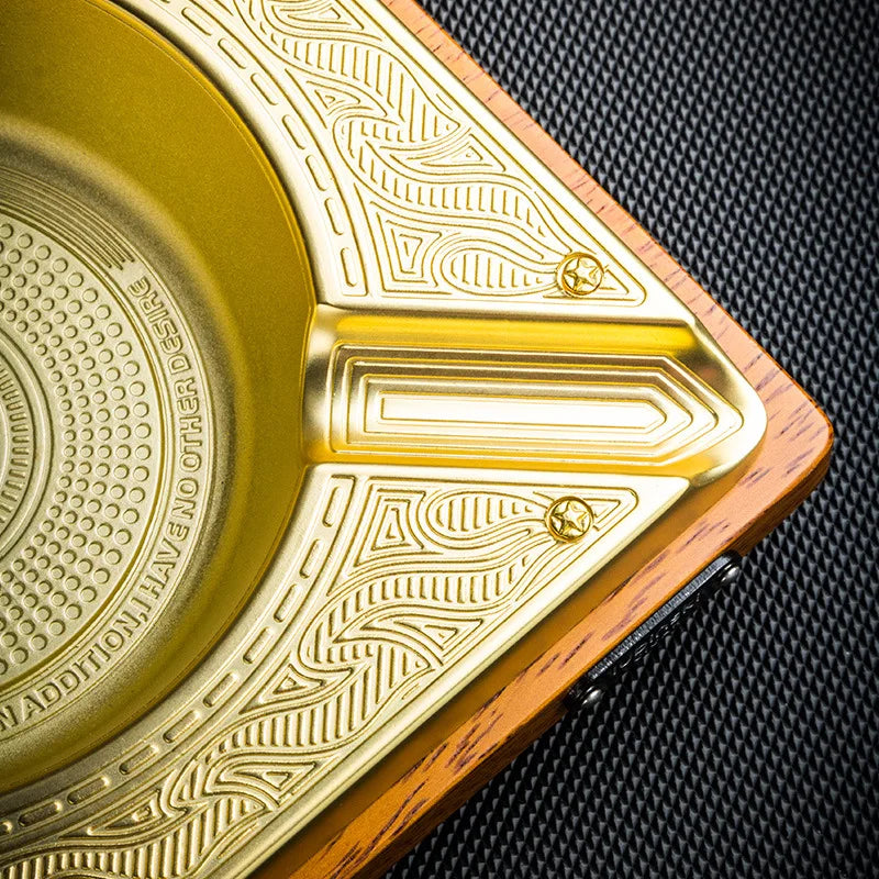 LUBINSKI Cigar Ashtray Wood 4 Slot Cigar Trays Pure Copper Electroplated Engraved Merbau Living Room Cigar Ashtray CA-053