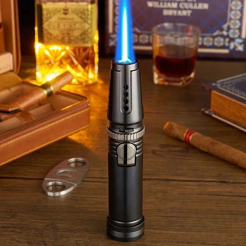 Butane Gas Turbo Spray Gun Windproof Straight Flush Blue Flame Metal Lighter Kitchen Cooking Cigar Lighters Smoking Accessories