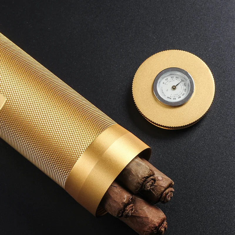 Cigar Tube with Hygrometer and Humidifier Metal Cigar Humidor Travel Case Holder For 4 Cigars Men's Gift