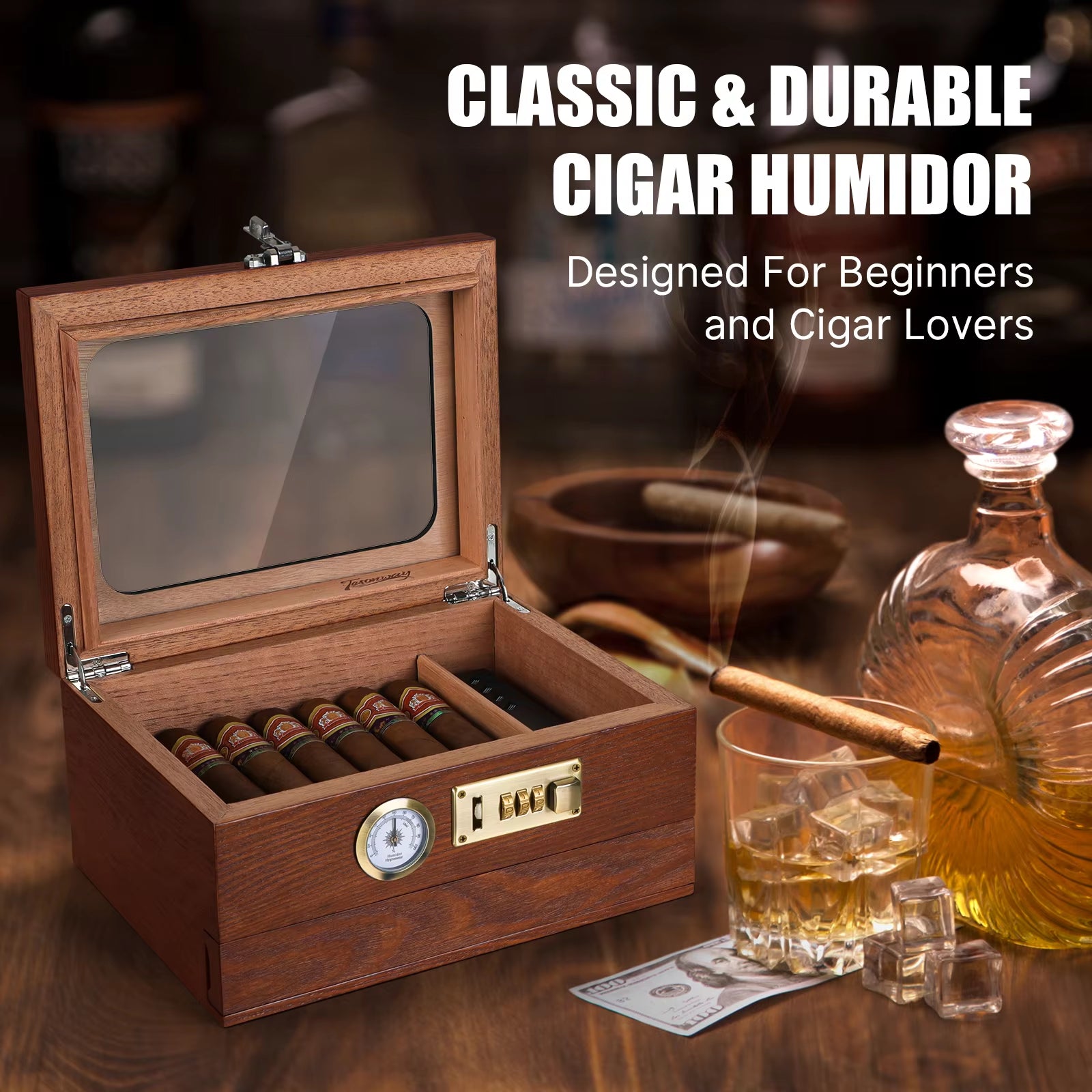 Cedar Wood Cigar Humidor with Glass Top, Front Hygrometer, Humidifier, Divider, and Accessories Drawer