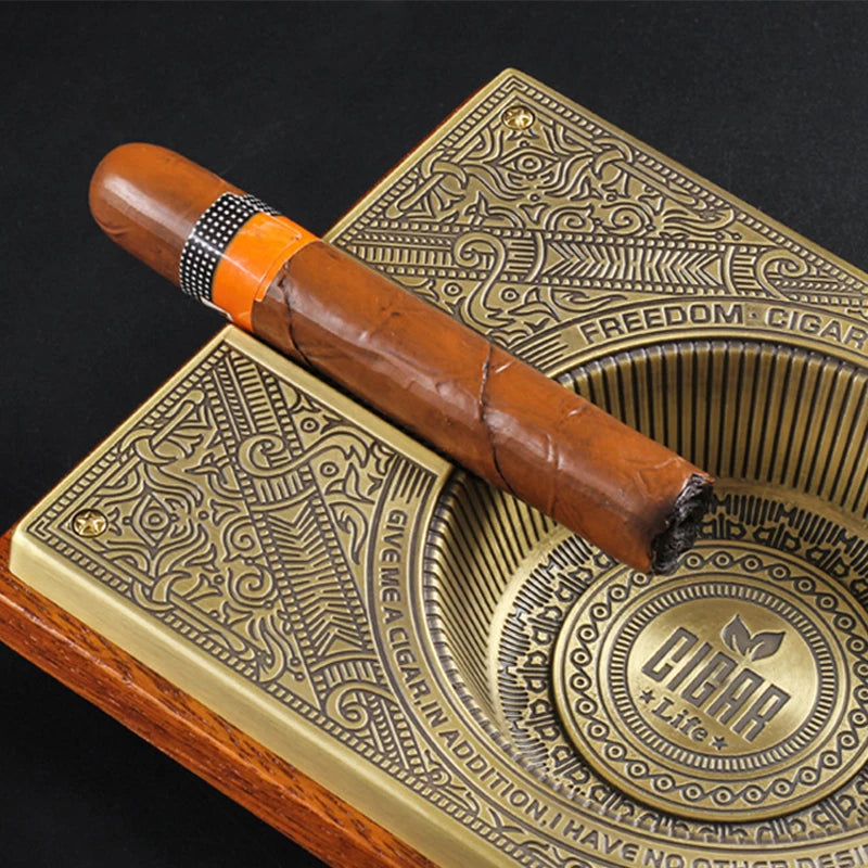 Retro Titanium Alloy Cigar Ashtray Home Wooden Metal Ash Tray Outdoor Luxury Hold 2 Cigars Cigarette Accessories Luxury Bronze