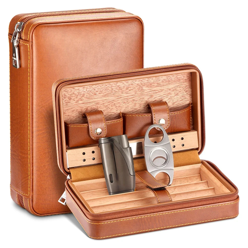 Portable Humidor Cigar Box Travel Cigar Case Leather Cedar Wood Cigar Humidor Box W/ Cutter Lighter Puro Set Accessories