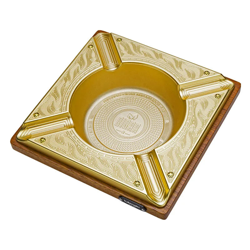 LUBINSKI Cigar Ashtray Wood 4 Slot Cigar Trays Pure Copper Electroplated Engraved Merbau Living Room Cigar Ashtray CA-053