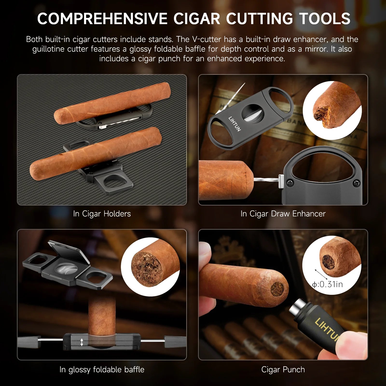 Portable Travel Humidor Box with 2 Cigar Cutters 1 Cigar Punch Hygrometer - Complete Cigar Accessories Set for On-the-Go Smoking