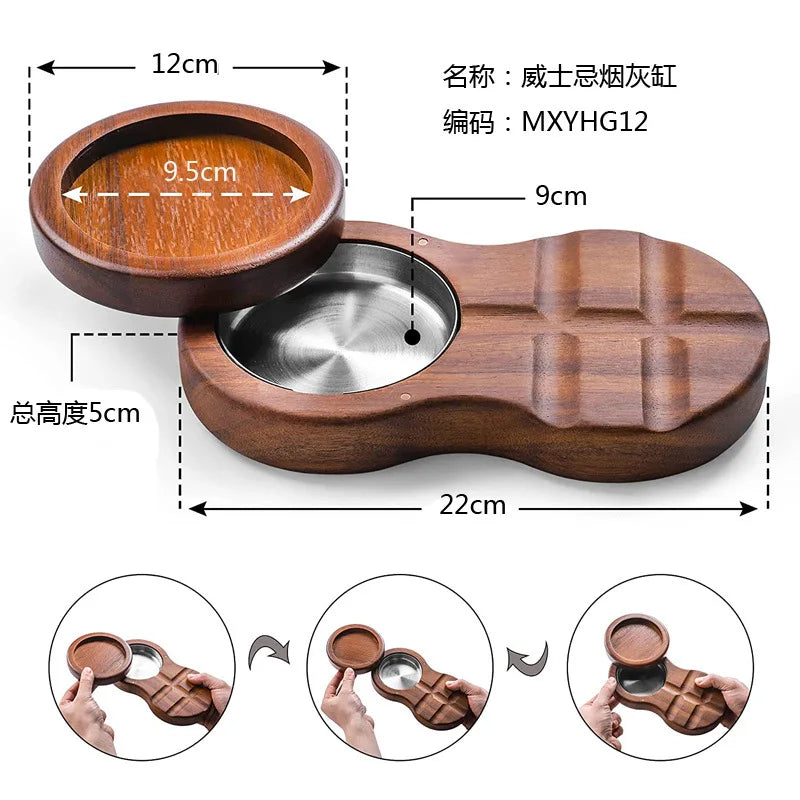 Wooden Cigar Ashtray with Lid Windproof Whiskey Ashtray Cigar Smoking Accessories Gift for Men