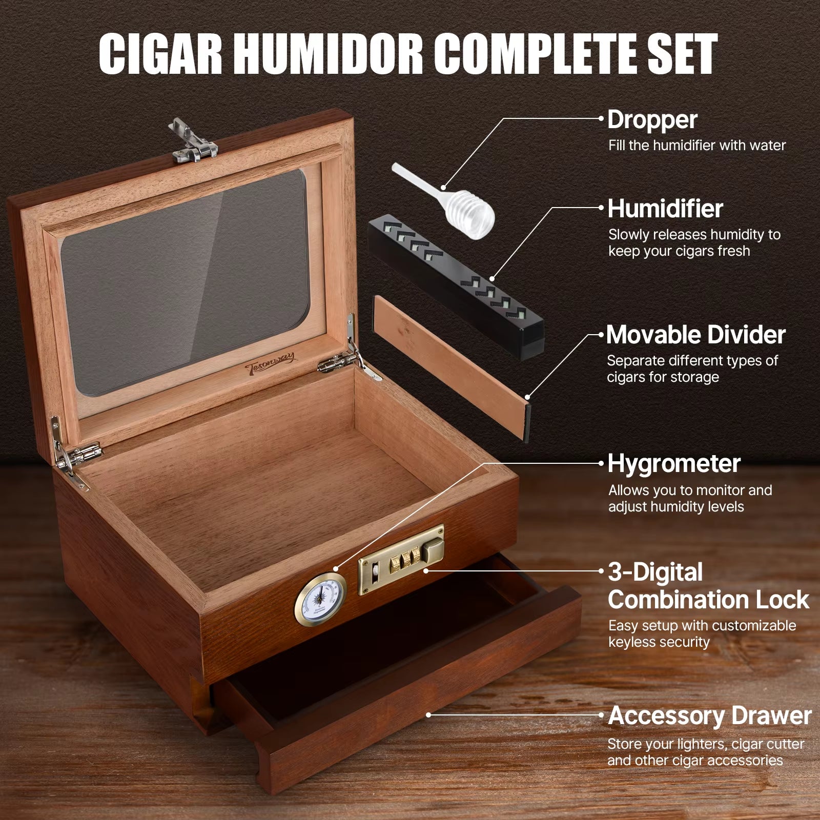 Cedar Wood Cigar Humidor with Glass Top, Front Hygrometer, Humidifier, Divider, and Accessories Drawer