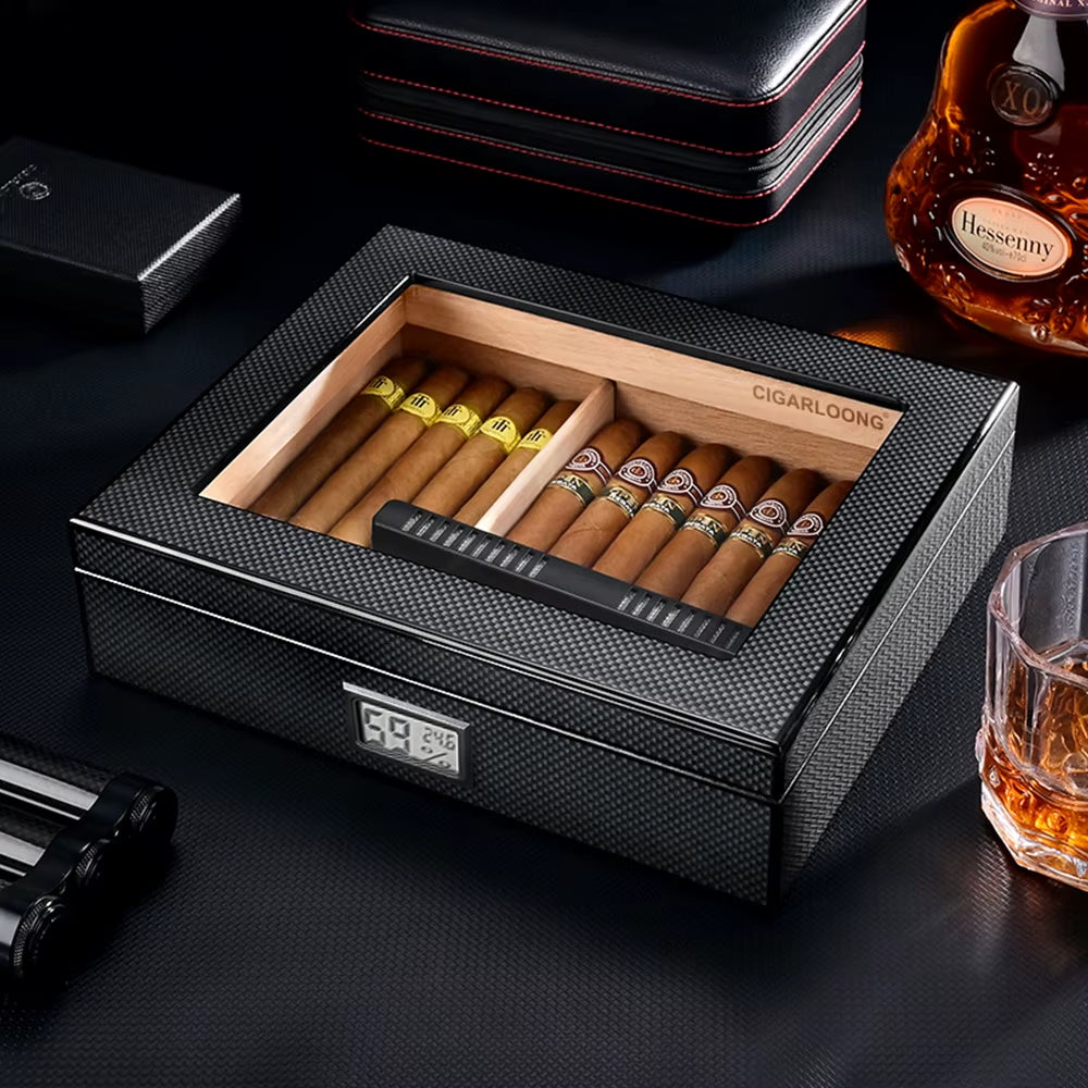 Spanish Cedar Wood Cigar Humidor with Hygrometer Humidifier High Transparent Skylight Cigar Humidor Portable Travel Cigar Case