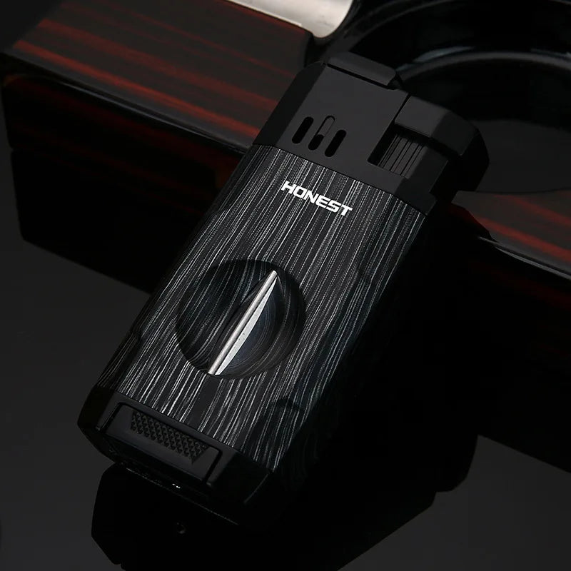 HONEST Outdoor Windproof Gas Lighter Powerful Torch Double Blue Flame Jet Cigar Lighter With Cigar Holder And Cigar Cutter