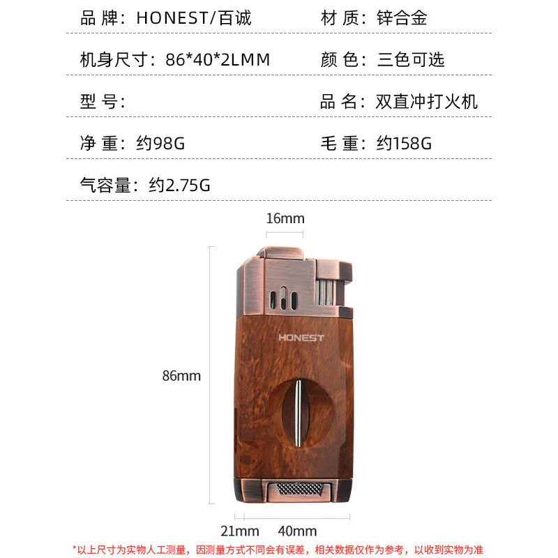 HONEST Outdoor Windproof Gas Lighter Powerful Torch Double Blue Flame Jet Cigar Lighter With Cigar Holder And Cigar Cutter
