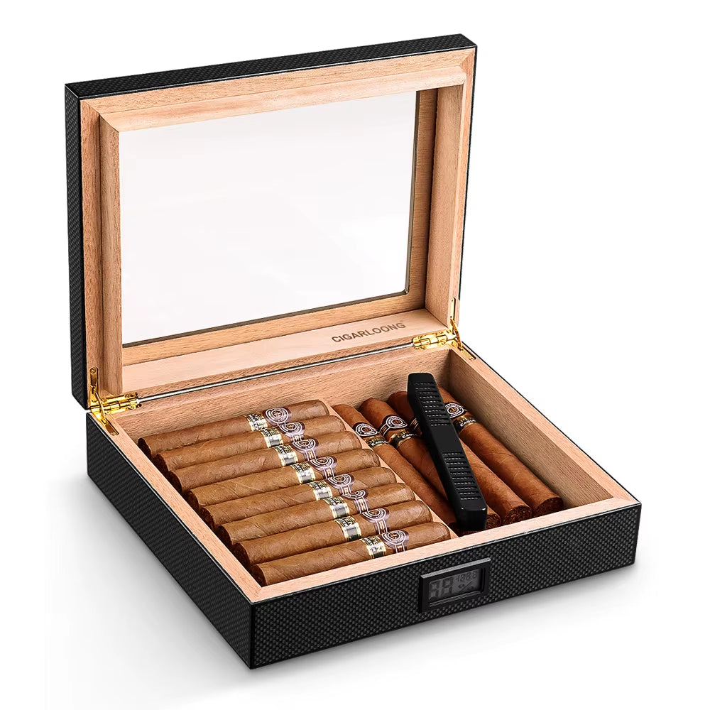 Spanish Cedar Wood Cigar Humidor with Hygrometer Humidifier High Transparent Skylight Cigar Humidor Portable Travel Cigar Case