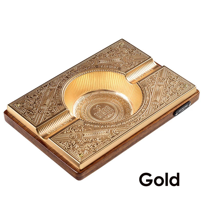 Retro Titanium Alloy Cigar Ashtray Home Wooden Metal Ash Tray Outdoor Luxury Hold 2 Cigars Cigarette Accessories Luxury Bronze