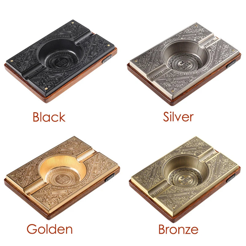 Retro Titanium Alloy Cigar Ashtray Home Wooden Metal Ash Tray Outdoor Luxury Hold 2 Cigars Cigarette Accessories Luxury Bronze