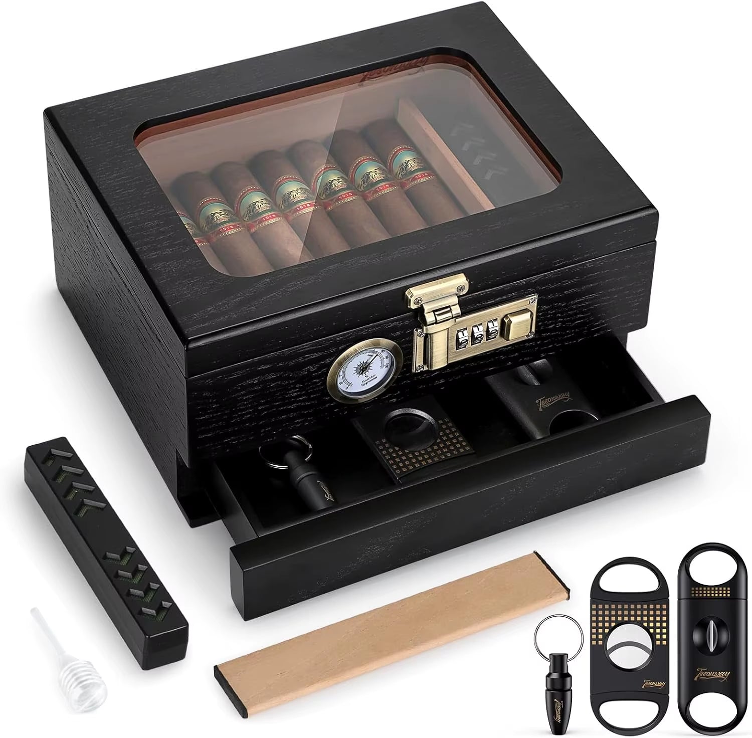 Cedar Wood Cigar Humidor with Glass Top, Front Hygrometer, Humidifier, Divider, and Accessory Drawer