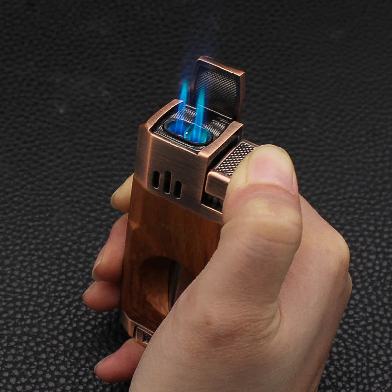 HONEST Outdoor Windproof Gas Lighter Powerful Torch Double Blue Flame Jet Cigar Lighter With Cigar Holder And Cigar Cutter