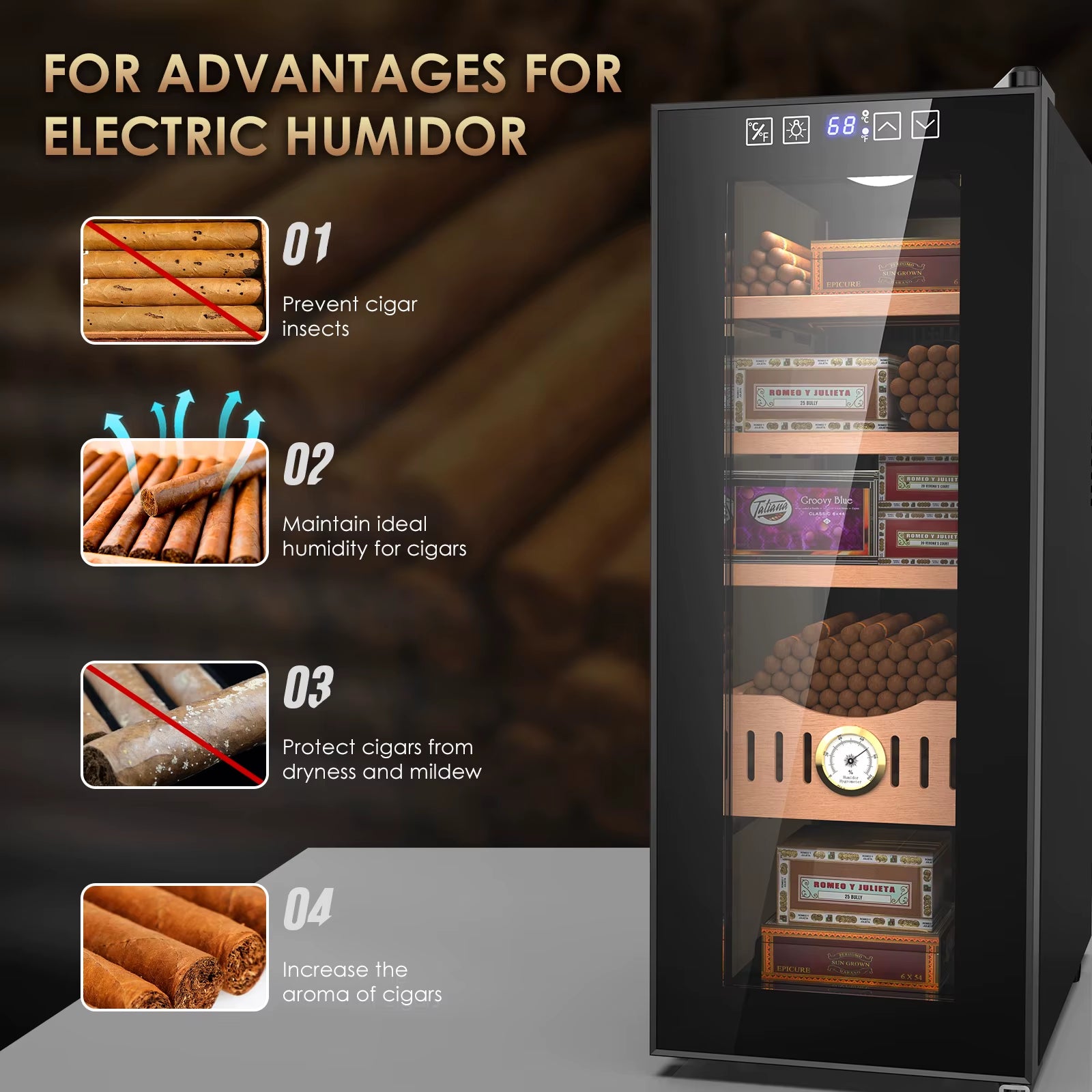 35L Electric Humidor, 250 Counts Cigar Humidor Cabinet with Cooling Temperature Control, Electric Cooling Cigar Fridge