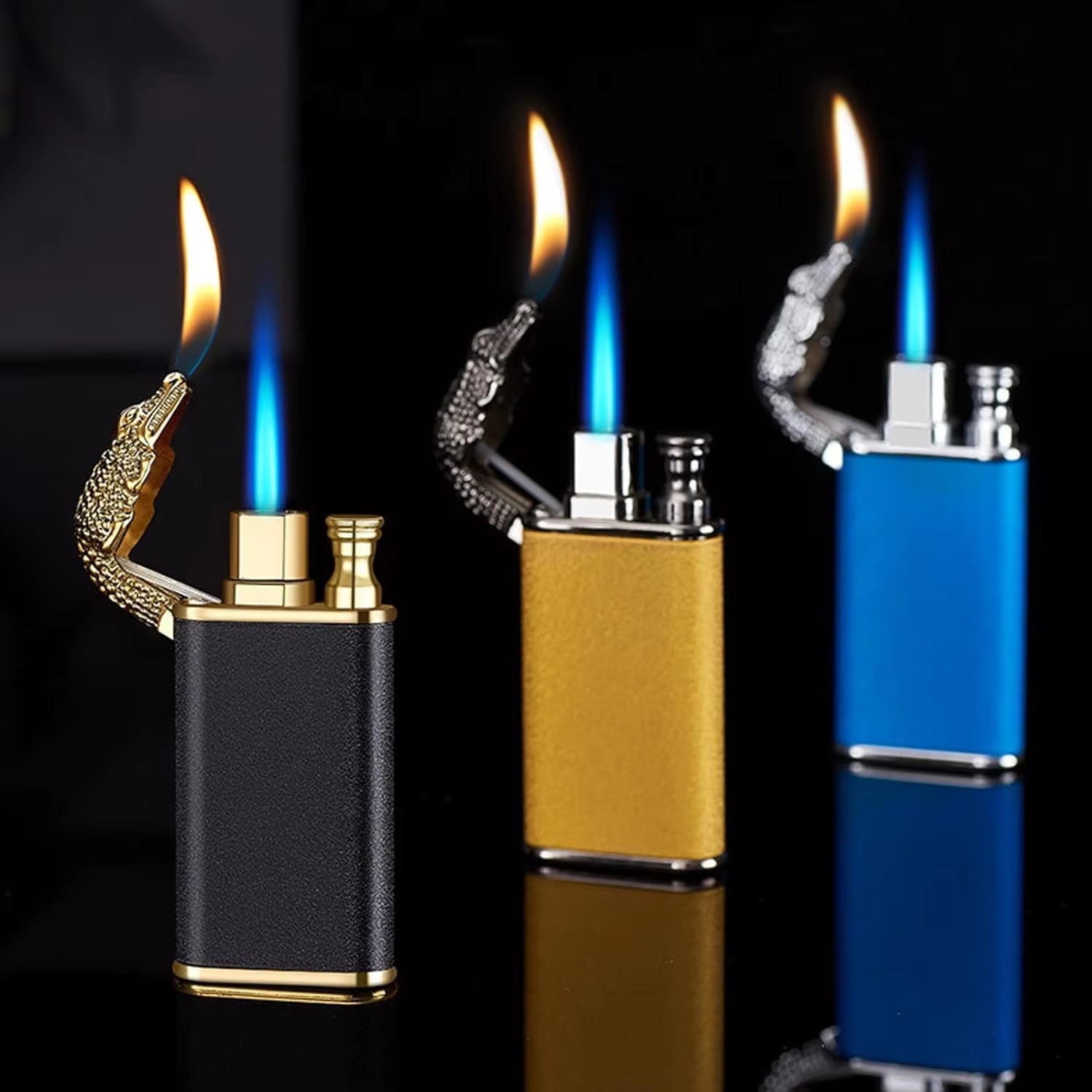 Cool Magic Crocodile Dual Flame Torch Lighter Windproof Jet Torch Lighter Refillable Butane for Outdoor Indoor(Without Butane)