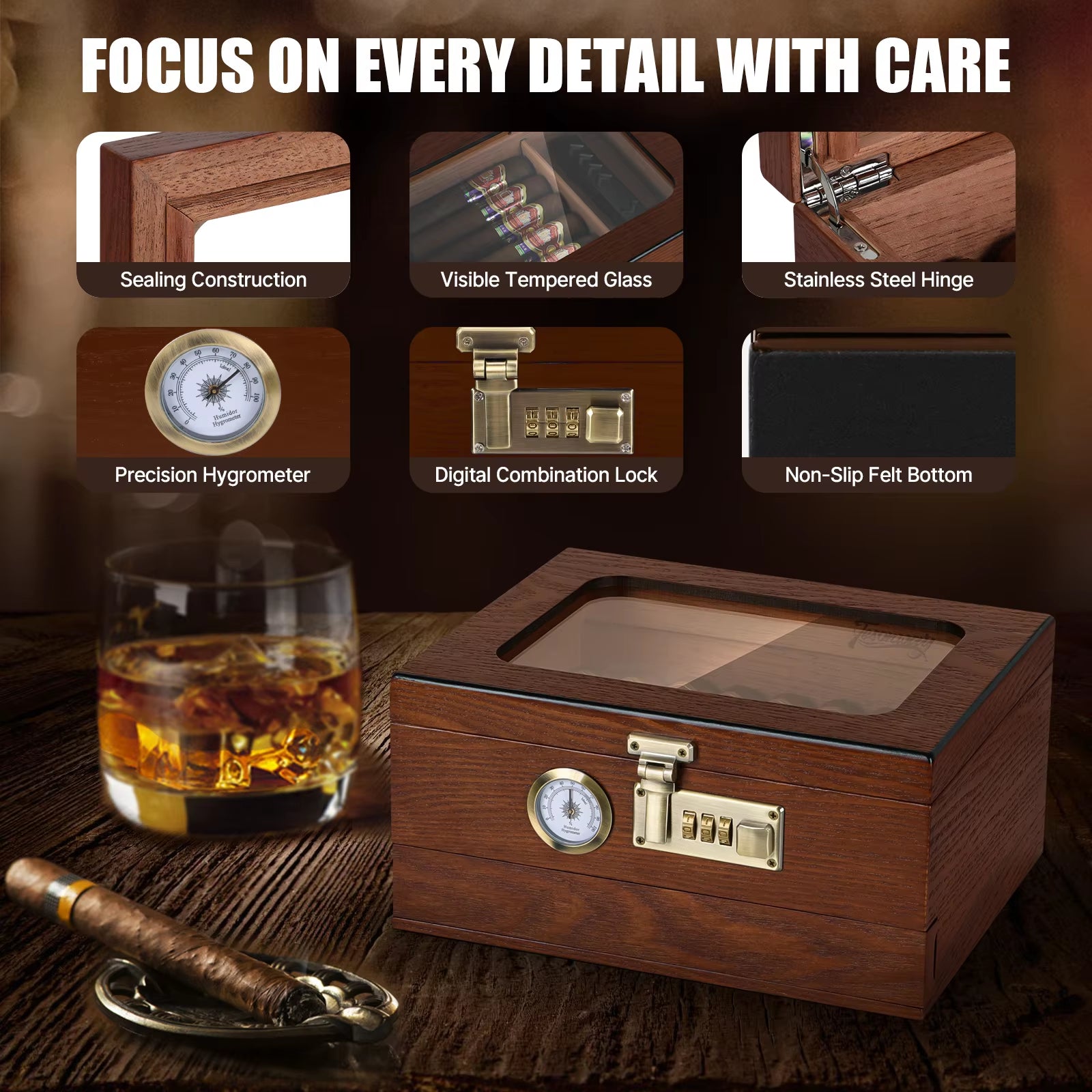 Cedar Wood Cigar Humidor with Glass Top, Front Hygrometer, Humidifier, Divider, and Accessories Drawer