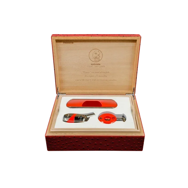GUEVARA Cigar Humidor Lighter Cutter Ashtray Single Jet Torch Gas Butane Cedar Wooden Box with Smoking Accessories Set