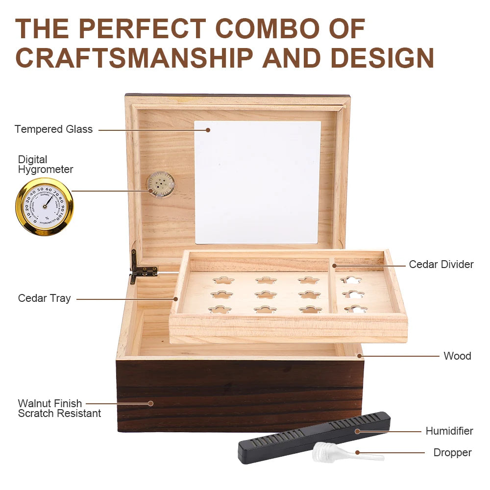 Cigar humidor replacement glass cedar humidifier with digital hygrometer Cedar tray and separator humidifier can hold 25-50 ciga