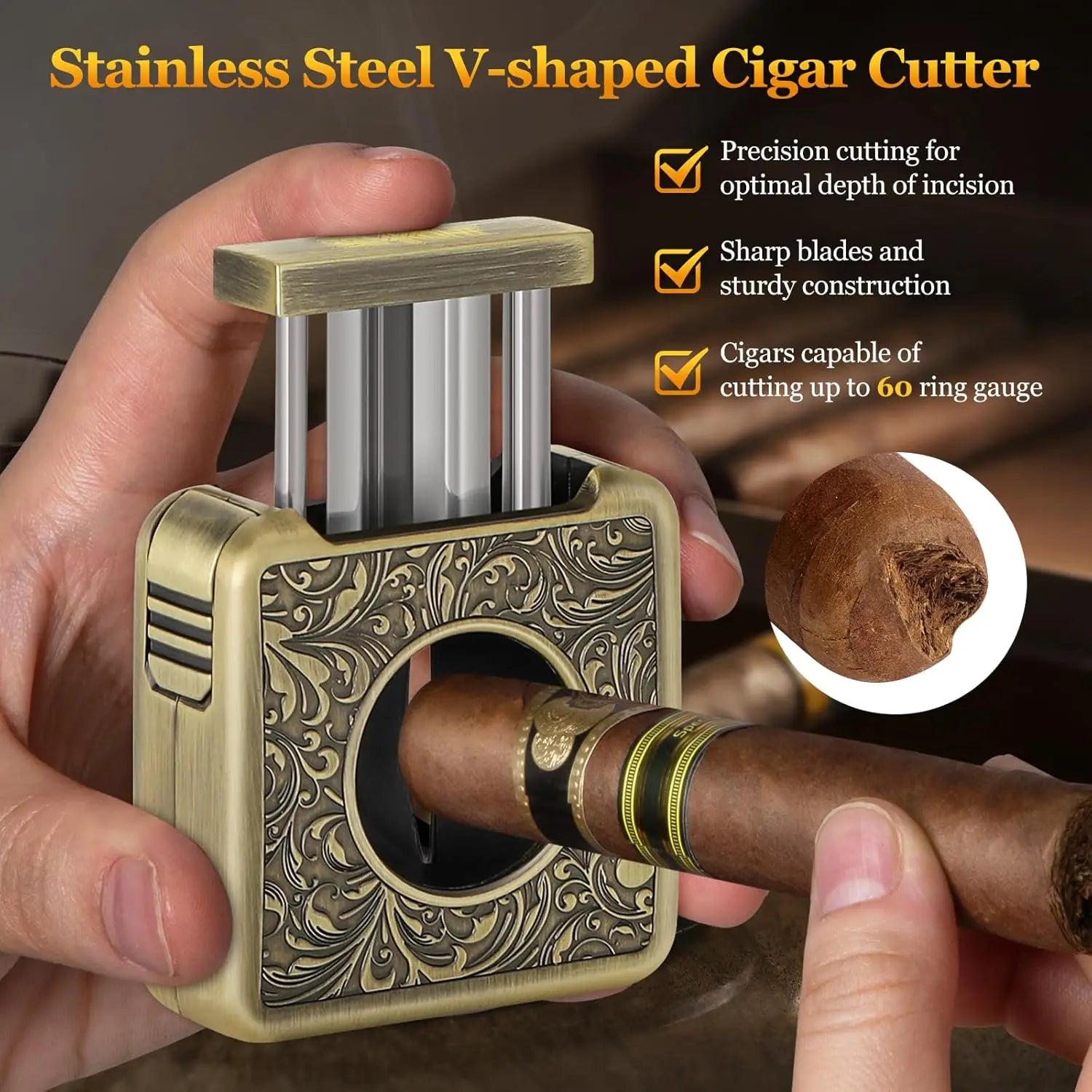 Cigar Cutter,4 in 1 Multifunction V Cut Cutter with Cigar Punch,Cigar Holder & Twin Nubber,Suitable for Max 60 Ring Gauge Cigars