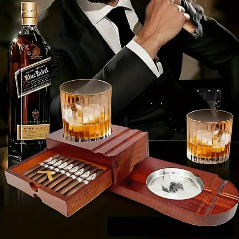 Whiskey Glass Tray Wooden Ashtray Set