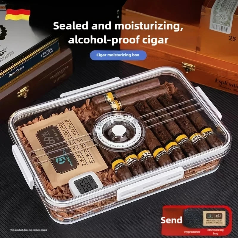 Cigar Humidor Transparent Sealed Moisture-Proof Moisturizing Cedar Wood Shelf Alcohol Nourishing Double-Layer Lock Portable Cigarette Box