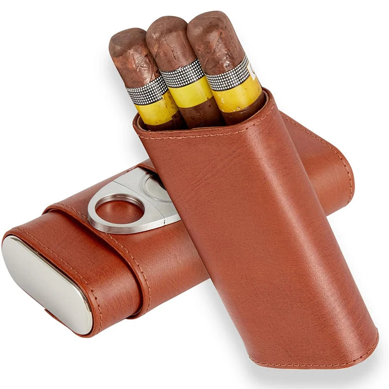 Cigar Case Travel Humidor Kit Leather Cigar Case Cedar Wood Lining Travel Humidors for Cigars With Stainless Steel Cigar Cutter
