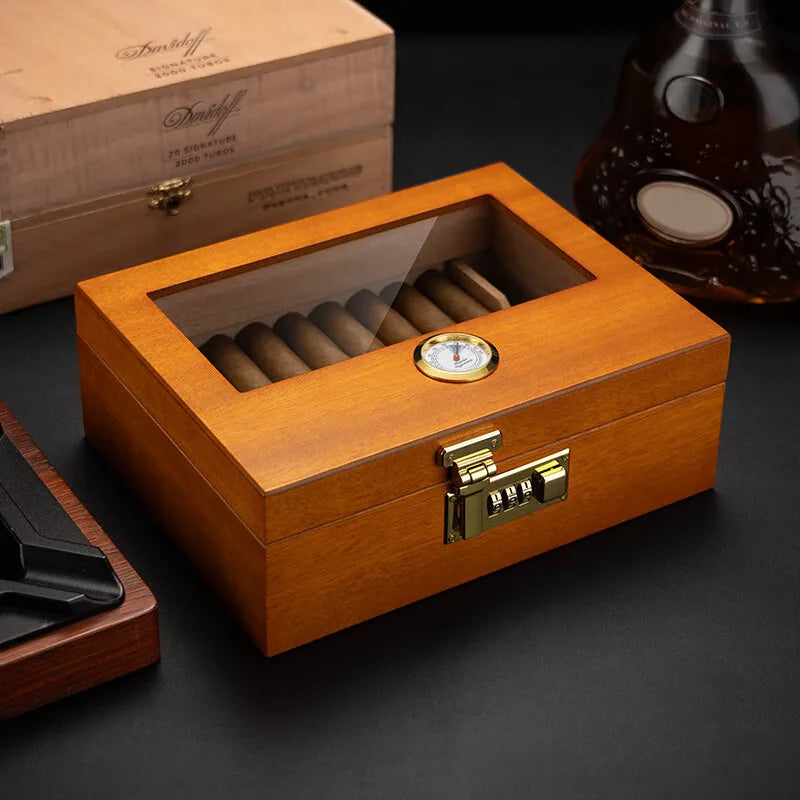 Secure Cedar Humidor with Combination Lock and Hygrometer – Large Capacity with Built-in Humidifier for Cigar Preservation
