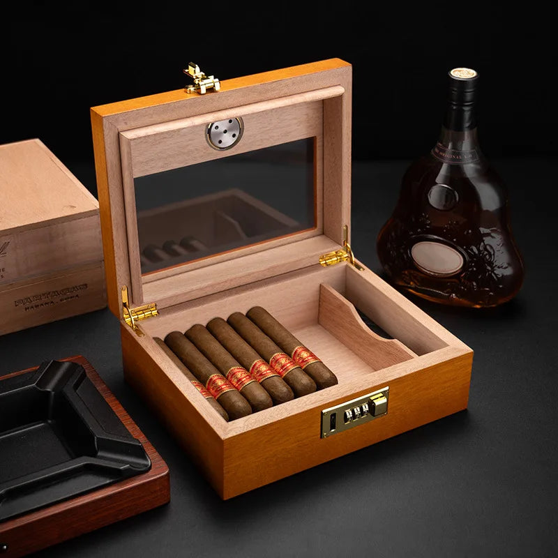 Secure Cedar Humidor with Combination Lock and Hygrometer – Large Capacity with Built-in Humidifier for Cigar Preservation