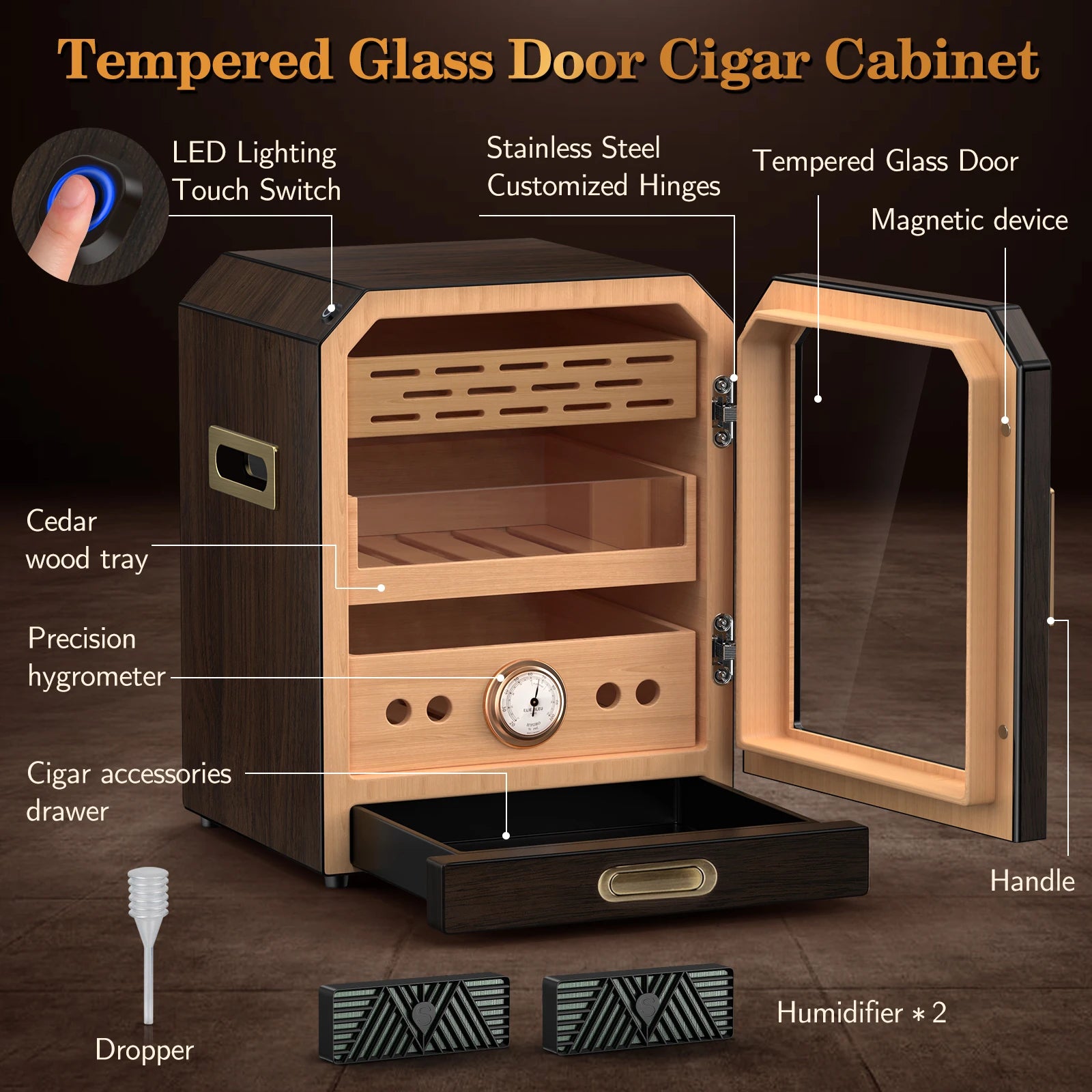 Cigar Humidor Lighted Control Magnetic Door Desktop Cigar Cabinet, Accessory Drawer and 2 humidifiers, 3 Layer Large Capacity