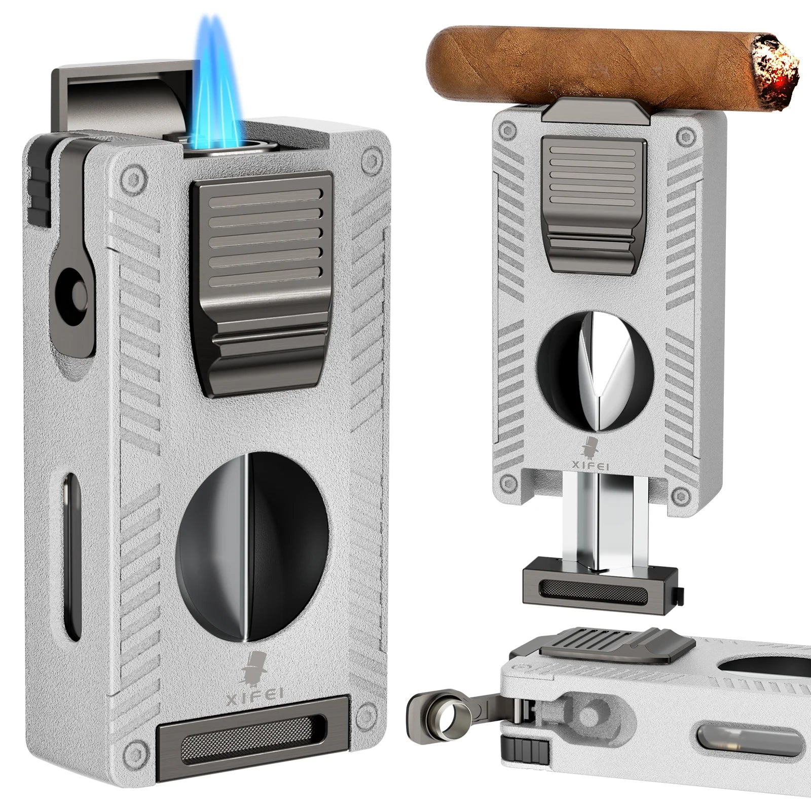Cigar Torch Lighter, Cigar Punch Cigar Draw Enhancer Cigar Cutter V Cut,Double Jet Flame Refillable Butane Lighters for smoking