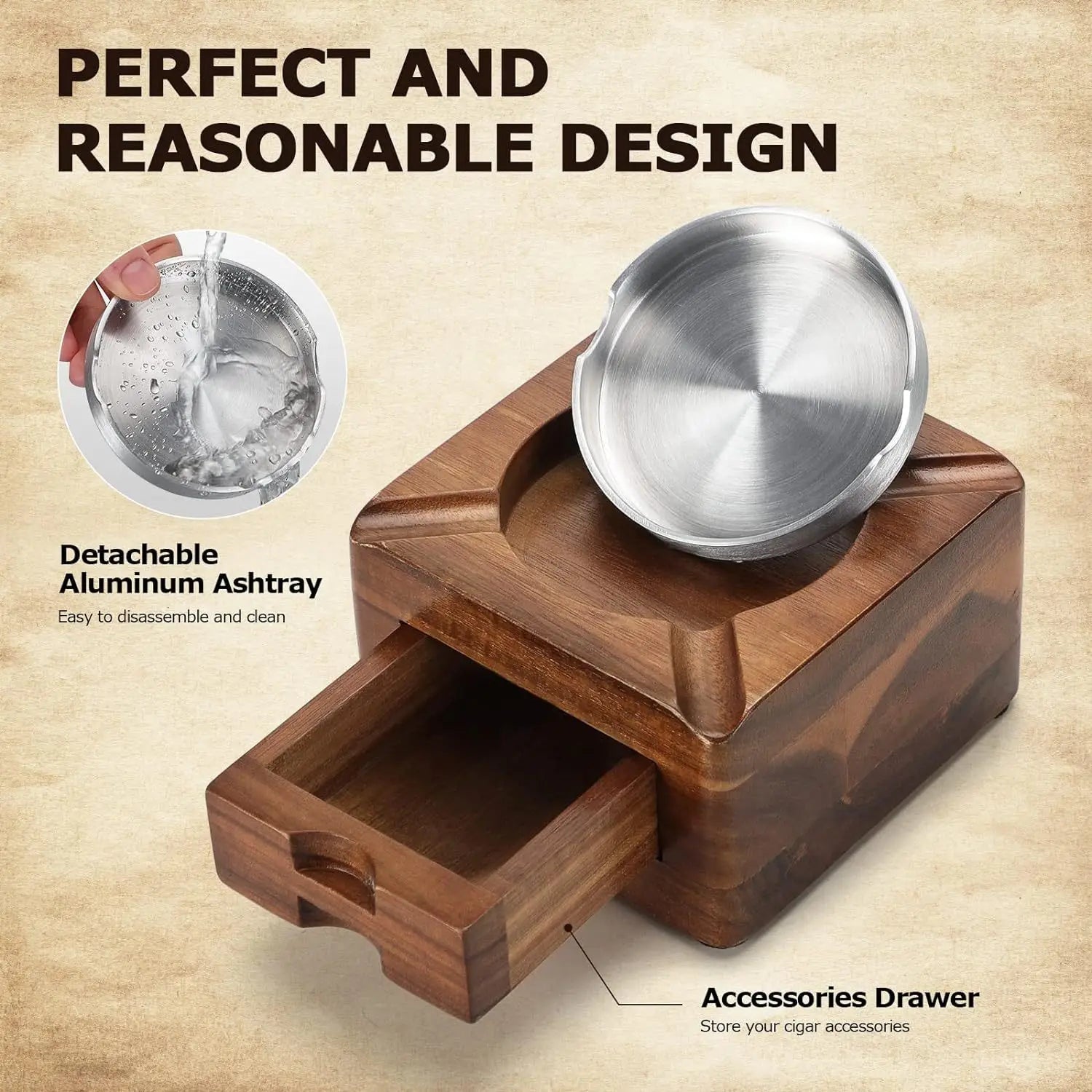 Cigar Ashtray, Wooden Ashtray, Square Ashtray 4 Slots Cigar Holder with Cigar Accessories Drawer for Indoor Outdoor Patio Home O