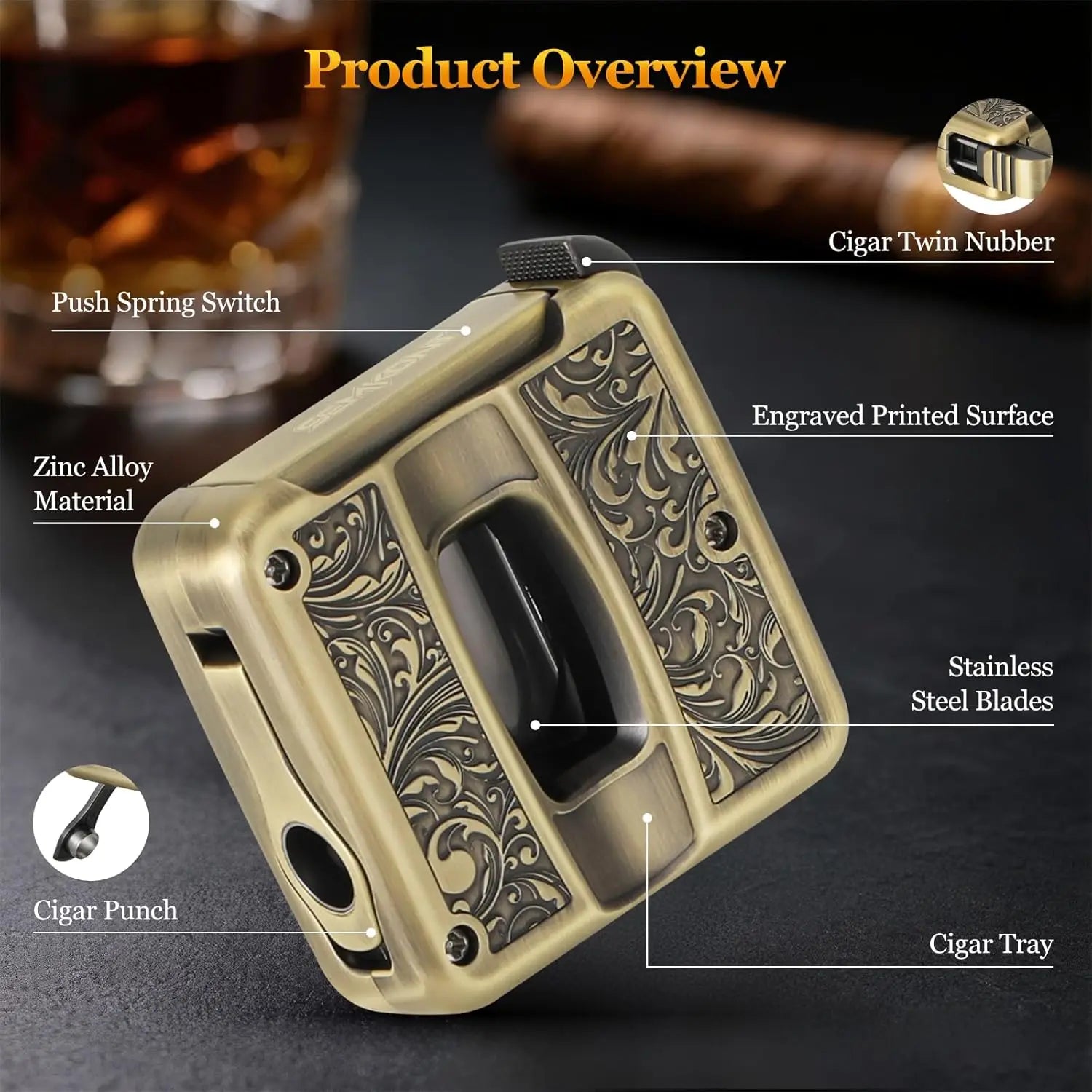 Cigar Cutter,4 in 1 Multifunction V Cut Cutter with Cigar Punch,Cigar Holder & Twin Nubber,Suitable for Max 60 Ring Gauge Cigars