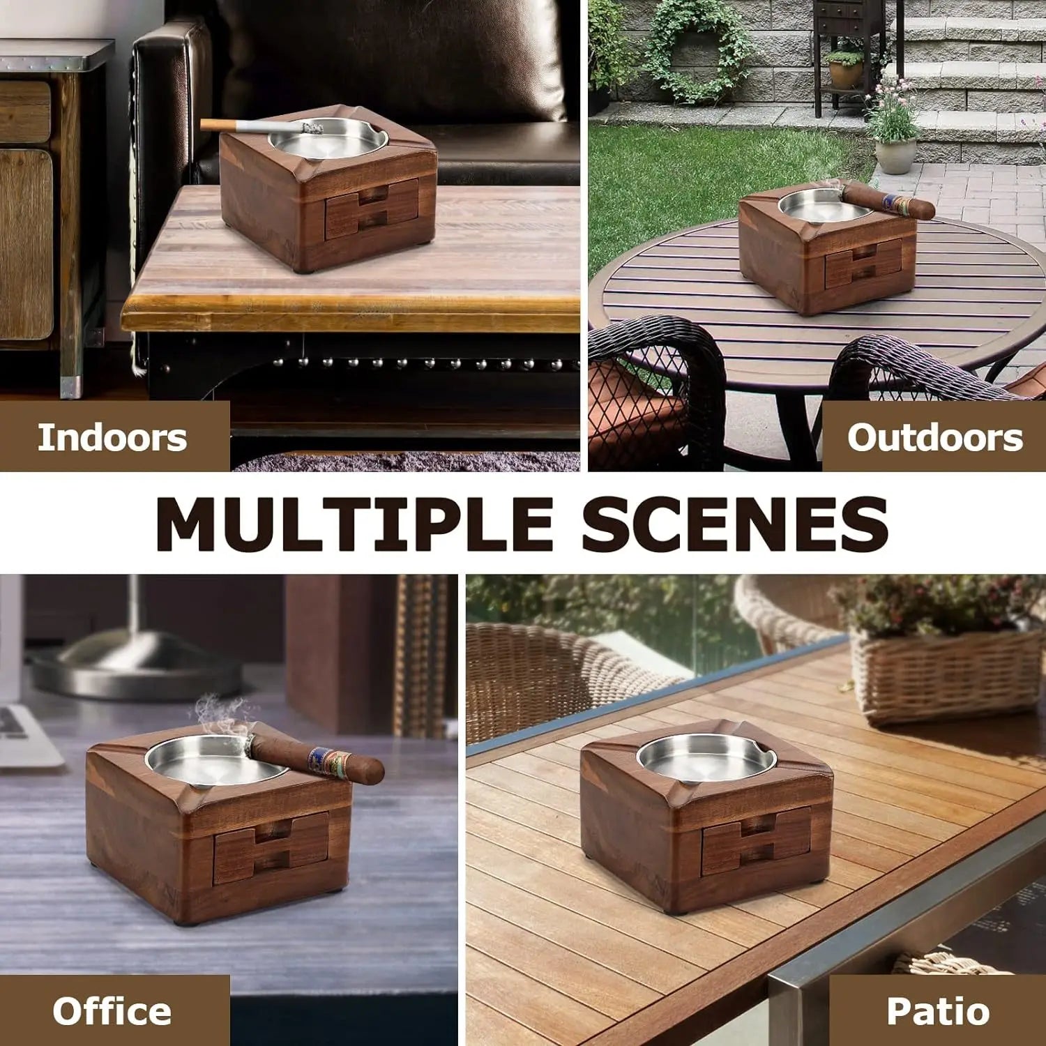 Cigar Ashtray, Wooden Ashtray, Square Ashtray 4 Slots Cigar Holder with Cigar Accessories Drawer for Indoor Outdoor Patio Home O