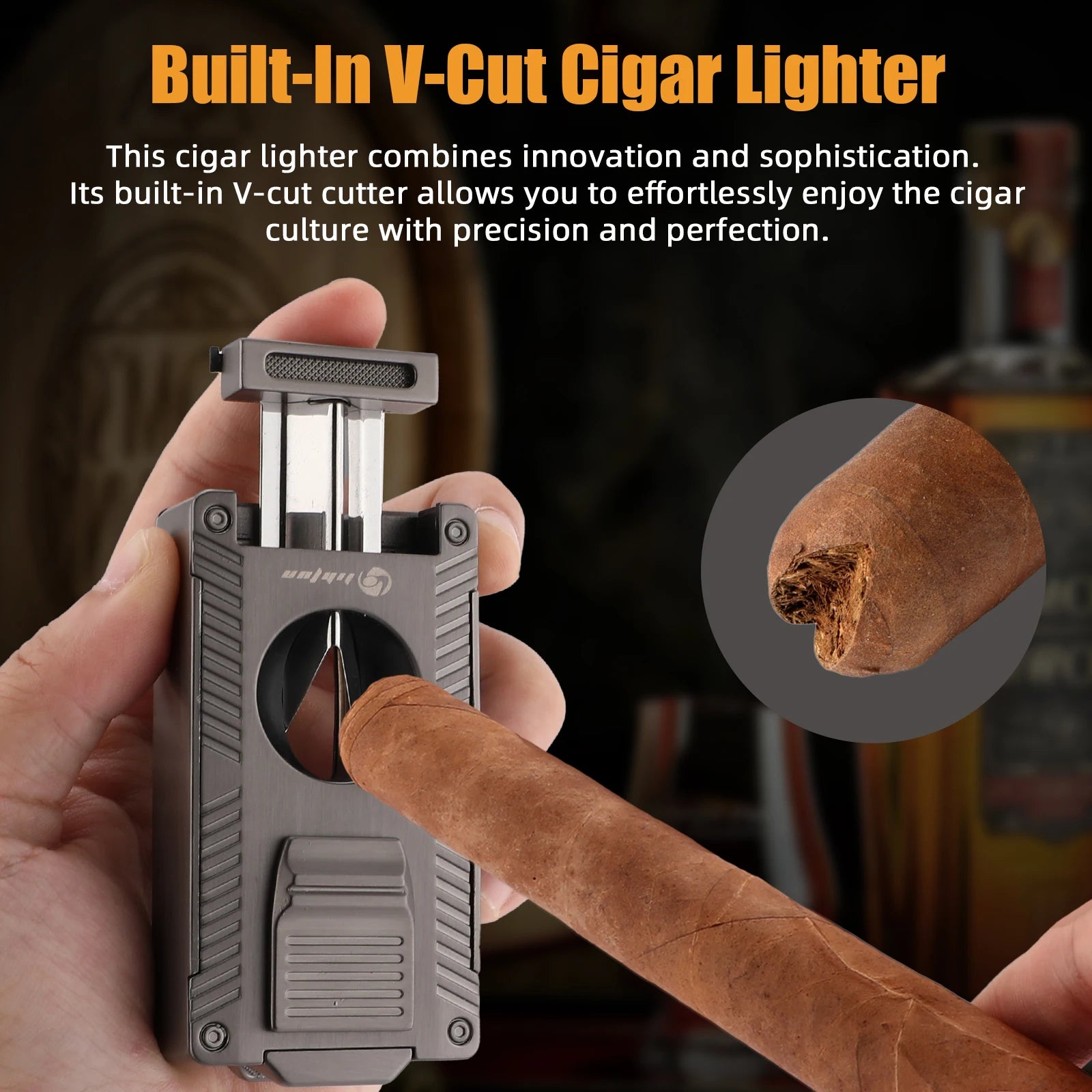 Cigar Torch Lighter, Cigar Punch Cigar Draw Enhancer Cigar Cutter V Cut,Double Jet Flame Refillable Butane Lighters for smoking