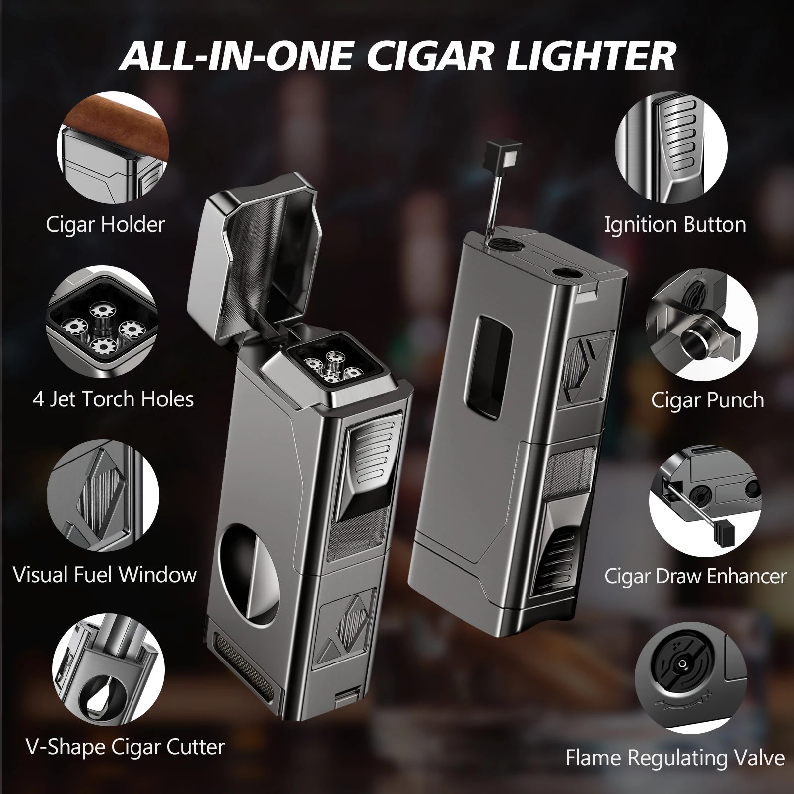 Cigar Lighter 4 Jet Flame Cigar Lighters with Cigar Cutter