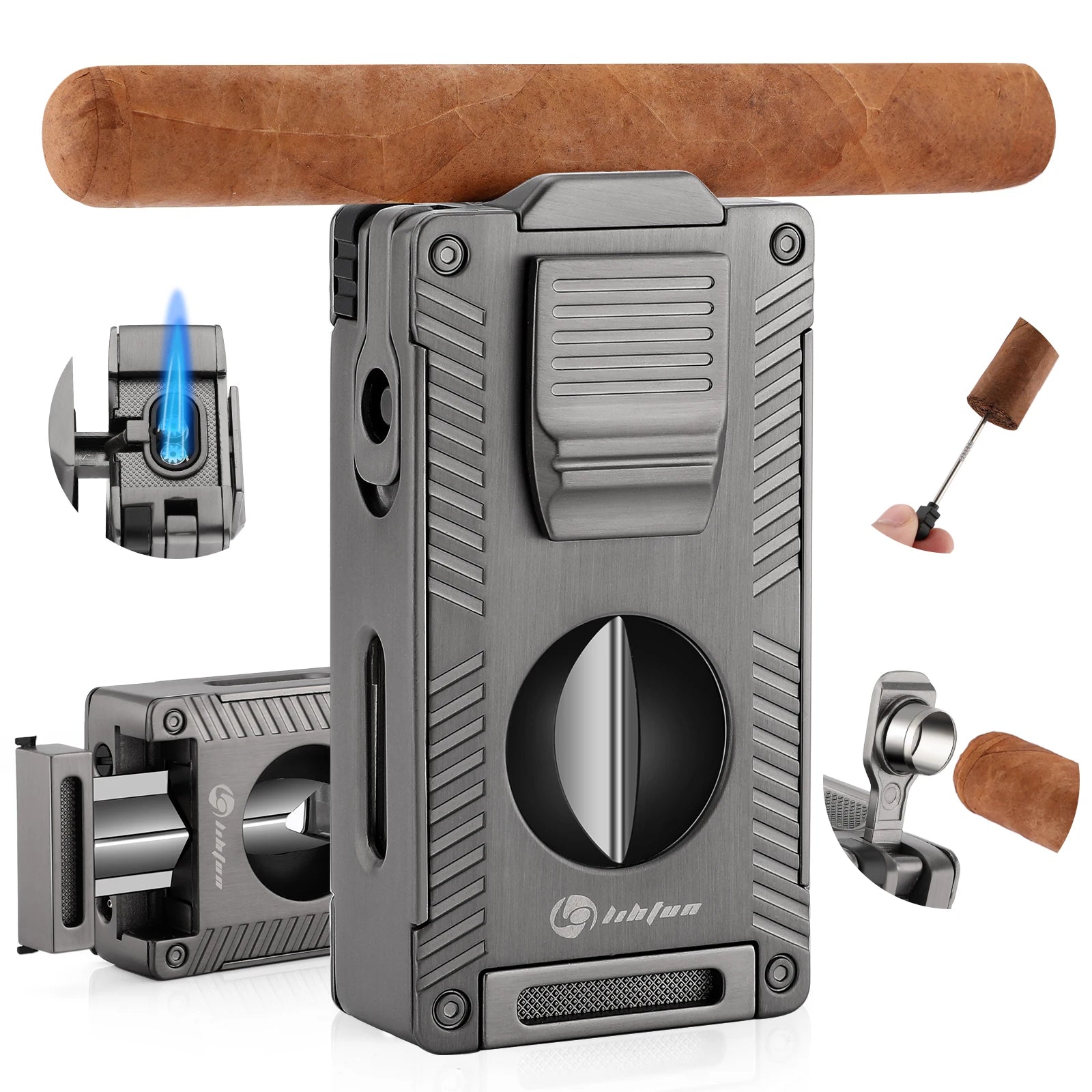 Cigar Torch Lighter, Cigar Punch Cigar Draw Enhancer Cigar Cutter V Cut,Double Jet Flame Refillable Butane Lighters for smoking