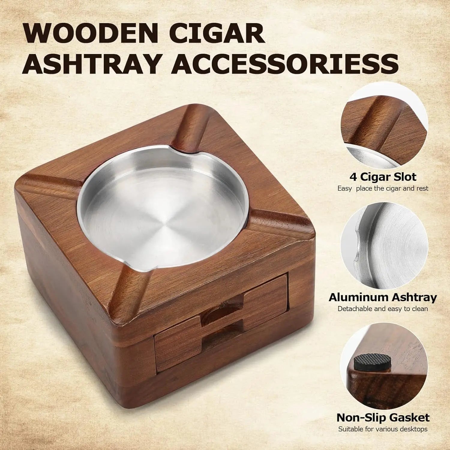 Cigar Ashtray, Wooden Ashtray, Square Ashtray 4 Slots Cigar Holder with Cigar Accessories Drawer for Indoor Outdoor Patio Home O