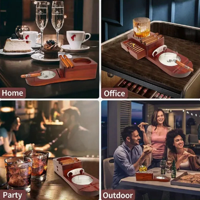Whiskey Glass Tray Wooden Ashtray Set