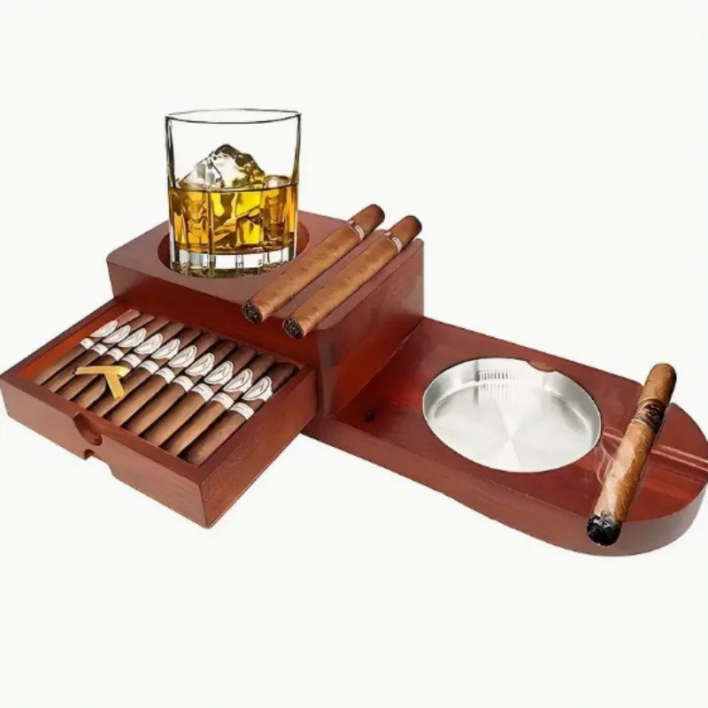 Whiskey Glass Tray Wooden Ashtray Set