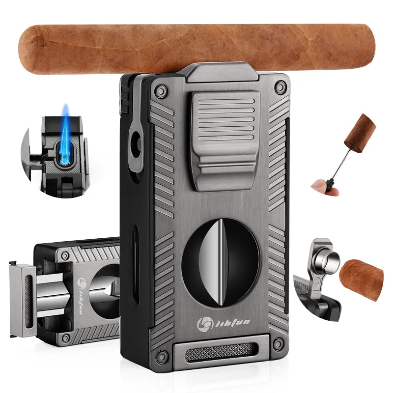 Cigar Torch Lighter, Cigar Punch Cigar Draw Enhancer Cigar Cutter V Cut,Double Jet Flame Refillable Butane Lighters for smoking