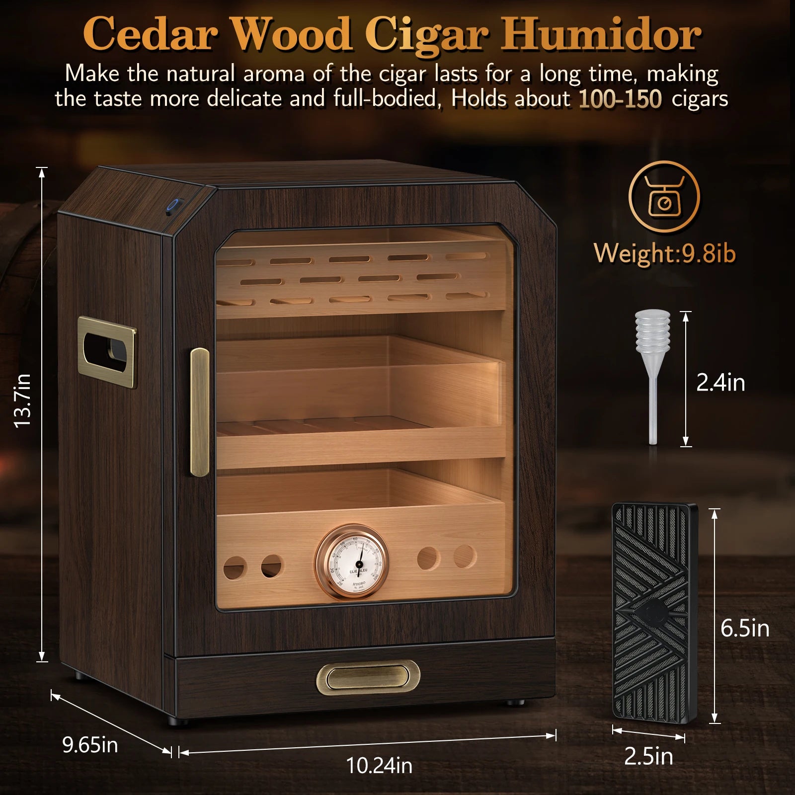 Cigar Humidor Lighted Control Magnetic Door Desktop Cigar Cabinet, Accessory Drawer and 2 humidifiers, 3 Layer Large Capacity