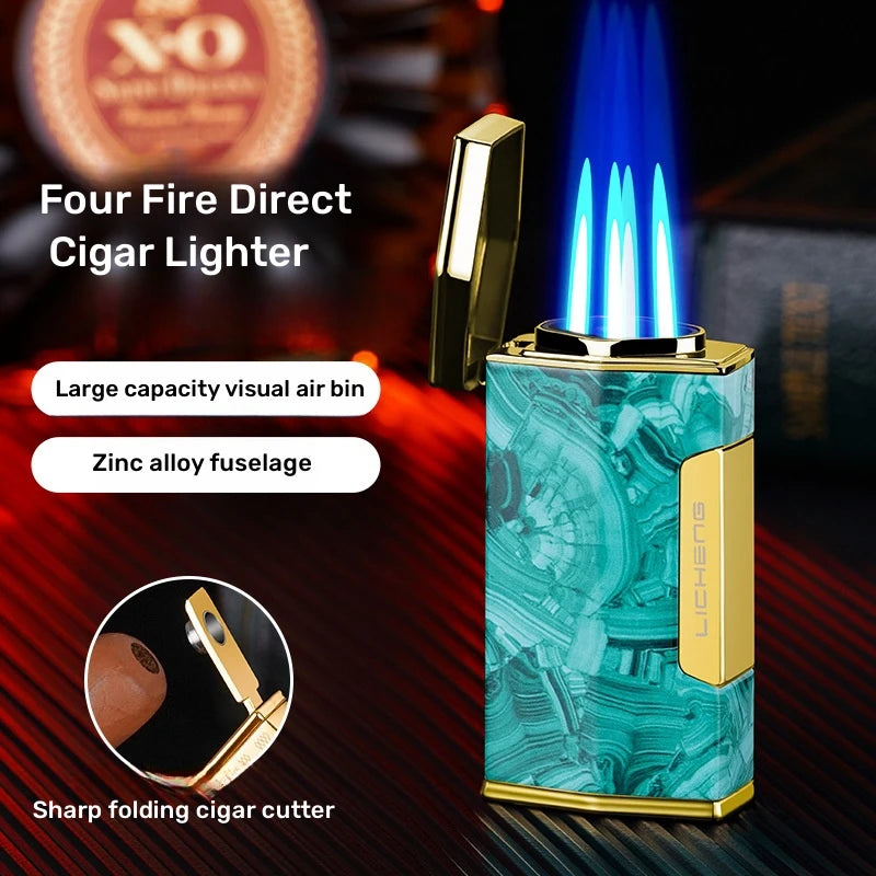 Four Flame Windproof Cigar Lighter with Knife