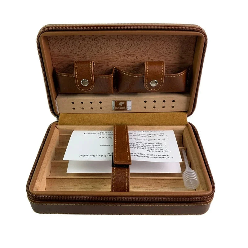 Cedarwood Cigar Case Travel Leather Cigar Box Storage of 4 Cigar Humidor Kit Portable Cedarwood Humidifying Holder Accessories