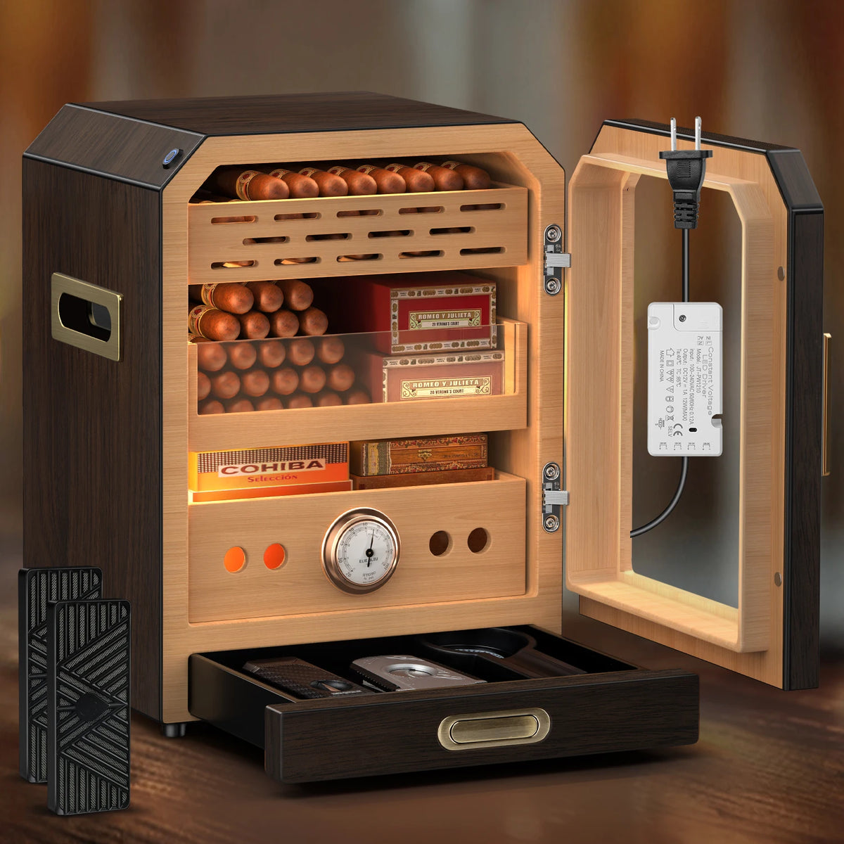 Cigar Humidor Lighted Control Magnetic Door Desktop Cigar Cabinet, Accessory Drawer and 2 humidifiers, 3 Layer Large Capacity