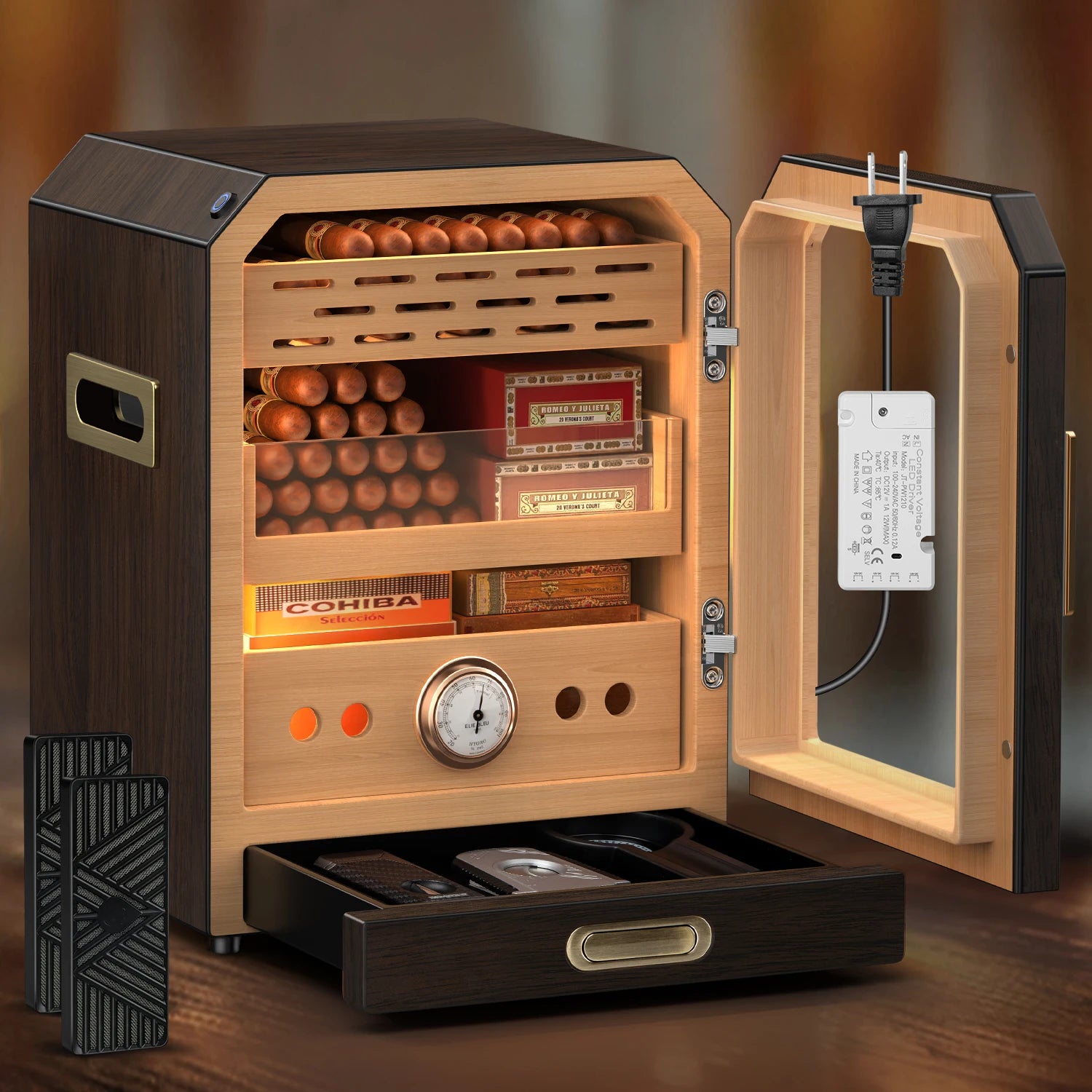 Cigar Humidor Lighted Control Magnetic Door Desktop Cigar Cabinet, Accessory Drawer and 2 humidifiers, 3 Layer Large Capacity
