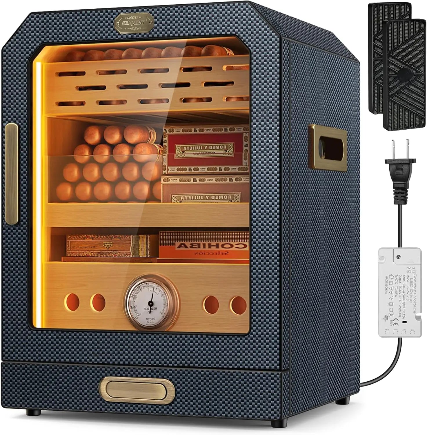 Cigar Humidor Lighted Control Magnetic Door Desktop Cigar Cabinet, Accessory Drawer and 2 humidifiers, 3 Layer Large Capacity