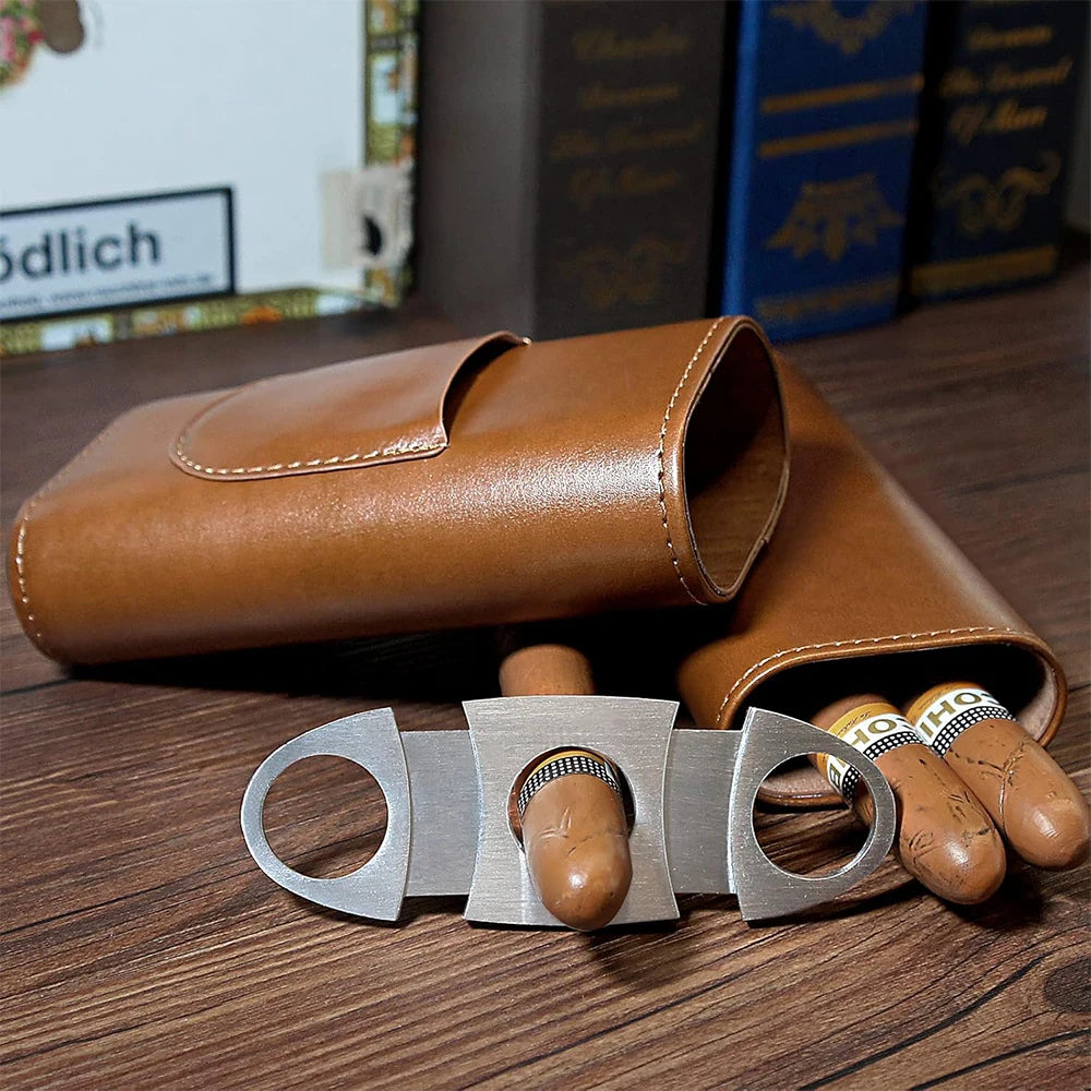 Cigar Case Travel Humidor Kit Leather Cigar Case Cedar Wood Lining Travel Humidors for Cigars With Stainless Steel Cigar Cutter