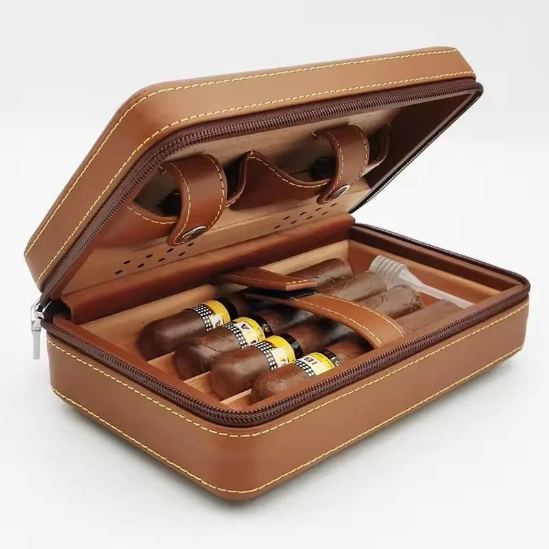 Cedarwood Cigar Case Travel Leather Cigar Box Storage of 4 Cigar Humidor Kit Portable Cedarwood Humidifying Holder Accessories