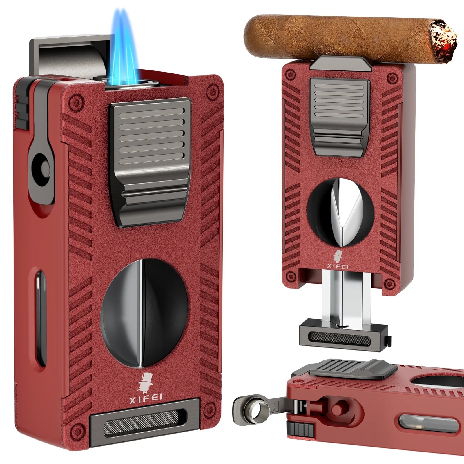 Cigar Torch Lighter, Cigar Punch Cigar Draw Enhancer Cigar Cutter V Cut,Double Jet Flame Refillable Butane Lighters for smoking